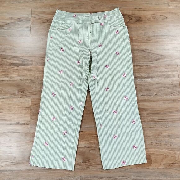 🔹️Details by Buschwacker Green Seersucker w/Pink Monkeys Capri Pants Size 8 - Picture 2 of 10